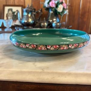 Vintage Czechoslovakia Bohemia bowl green with pink roses, shabby chic, cottage